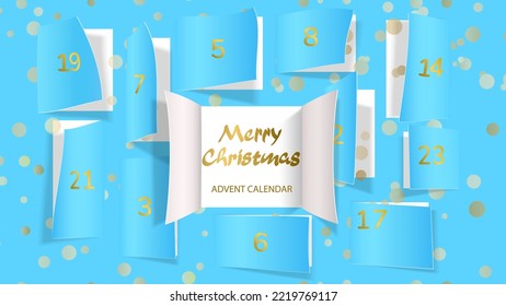 Christmas advent calendar door opening. Realistic an open wide doors on light blue background. Template to reveal a message. Merry Christmas poster concept. Festive vector illustration