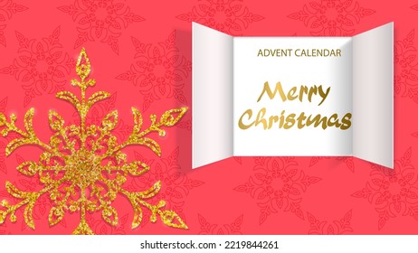 Christmas advent calendar door opening. Realistic open wide doors with snow on red background. Template for displaying a message. Merry Christmas poster concept. Festive vector illustration