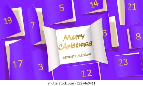 Christmas advent calendar door opening. Realistic an open wide doors with gold lettering on purple background. Template to reveal a message. Merry Christmas poster concept. Festive vector illustration