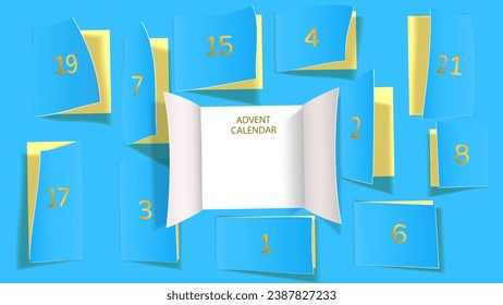 Christmas advent calendar door opening. Realistic an open wide doors on light blue background. Template to reveal a message. Merry Christmas poster concept. Festive vector illustration