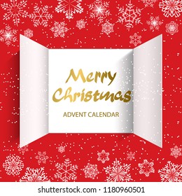 Christmas Advent Calendar Doors Open And Golden Letters. White Snowflakes On A Red Background. Vector Illustration