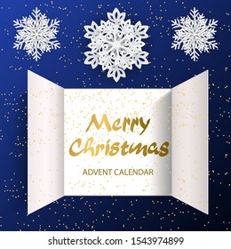 Christmas advent calendar doors open and golden letters. White 3D snowflakes, golden snow and an open wide window on a blue background. Merry Christmas poster concept. Vector illustration