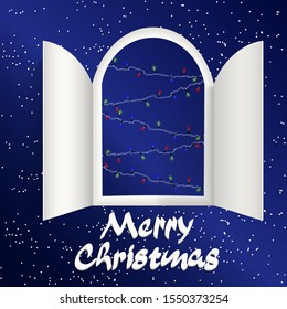 Christmas advent calendar doors open and christmas light bulbs. White snow, garlands of luminous bulbs and an open wide window on a blue background. Merry Christmas poster concept. Vector