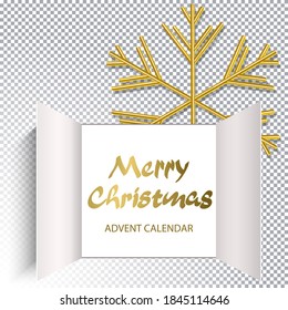 Christmas advent calendar doors open with golden letters. big golden snowflake and an open wide window on transparent background. Template for Christmas posters, headers, seasonal wallpaper. Vector