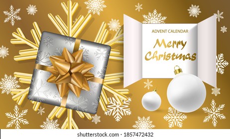 Christmas Advent Calendar. Doors open with golden letters. Golden 3D snowflake, realistic gift surprise with ribbon , and an open wide window on golden. Merry Christmas poster concept. Vector