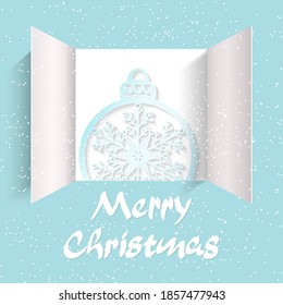 Christmas advent calendar doors open. Christmas ball paper cutand, white snow, garlands of luminous bulbs, an open wide window on light blue background. Merry Christmas poster concept. Vector
