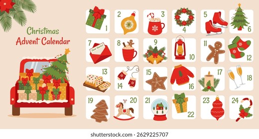 Calendário do advento do Natal. Calendário do advento com elementos de Natal e ilustrações.