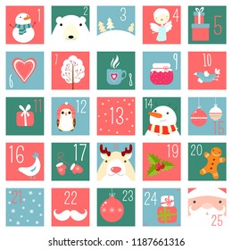 Christmas advent calendar with elements in naive hand drawn style. Set of winter holiday xmas icons with Santa Claus, polar bear, gifts, snowman, snowflake, deer, mittens, angel, owl, bird. EPS8