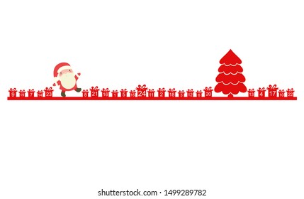 Christmas advent calendar with elements in naive hand drawn style. Set of winter holiday xmas icons with Santa Claus, tree and gifts with numbers. EPS8