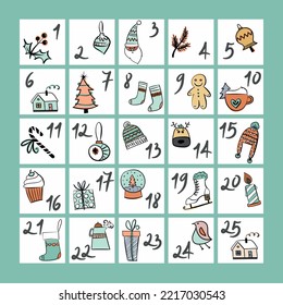 calendario de anticipo navideño con elementos en imagen vectorial naive
