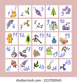 calendario de anticipo navideño con elementos en imagen vectorial naive