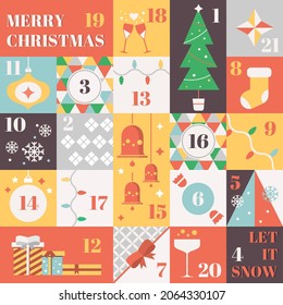 Christmas advent calendar with elements - pine, snowflakes, christmas garland and ball, socks, gifts. Merry Christmas poster. Cute winter illustration for card, poster. Set of Christmas icons