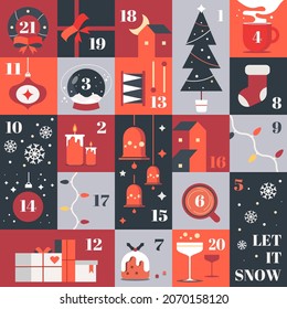 Christmas advent calendar with elements - pine, snowflakes, candles, christmas wreath, garland and ball, socks, gifts. Merry Christmas poster. Cute winter illustration for card, poster.