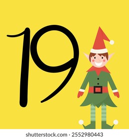 Christmas advent calendar with Christmas elf on yellow background. 19th of december day. Vector flat illustration