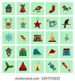 Christmas advent calendar with festive elements. Holiday calendar countdown. Winter month of December. Flat vector illustration.