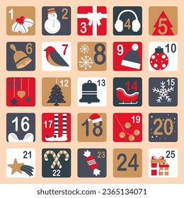 Christmas advent calendar in a flat design. December advent calendar. Christmas advent calendar with holiday characters and Christmas icons