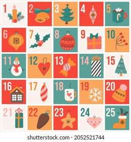 Christmas Advent Calendar In Flat Hand Drawn Style, Festive Vector Poster