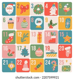 Christmas Advent calendar in flat hand drawn style, festive vector poster