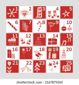 Weihnachtskalender. Flache Winterillustrationen. Roter Kalender