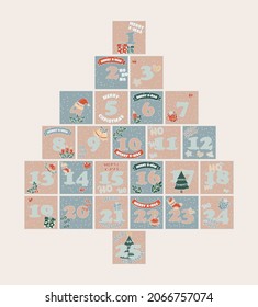 Christmas advent calendar in the form of a Christmas tree. Winter Holidays Calendar. Vector illustration