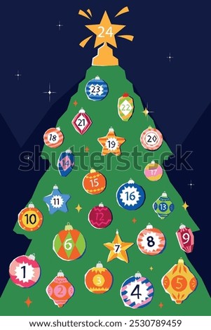 Christmas advent calendar in the form of Christmas tree toys on the background of a festive Christmas tree