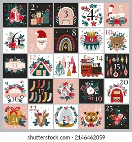 Christmas Advent Calendar. Fun hand drawn vector illustration poster, banner, cards template with winter holiday elements, animals, winter florals.