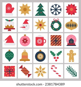 calendario de anticipo de Navidad con iconos geométricos de vacaciones. Afiche navideño, plantilla, pancarta, tarjeta con elementos navideños en estilo minimalista moderno. Ilustración plana vectorial.