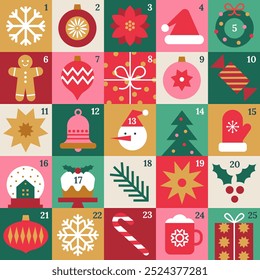 Christmas Advent calendar with geometric holiday icons. Merry Christmas poster, template, banner, card with Xmas elements in modern minimalist style. Vector flat illustration.