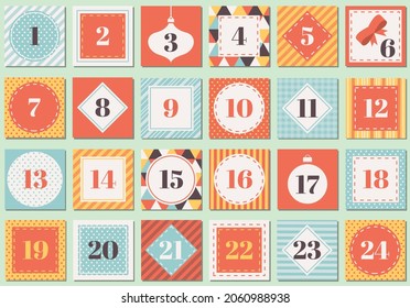 Christmas advent calendar with geometric ornaments - Polka dot, Gingham, Triangles, Diagonal, horizontal and vertical Stripes.