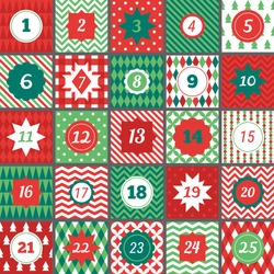 Christmas Advent Calendar With Geometric Seamless Patterns In Red, Green And White. Chevron, Polka Dot, Gingham, Argyle, Harlequin, Fir Trees, Triangles, Diagonal Stripes, Diamonds, Plaid