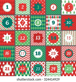 Christmas advent calendar with geometric seamless patterns in Red, Green and White. Chevron, Polka dot, Gingham, Argyle, Harlequin, Fir Trees, Triangles, Diagonal Stripes, Diamonds, Plaid