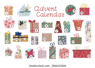 Christmas advent calendar of gift boxes set with ribbon and bows vector illustration, Merry Christmas and Happy New Year festive traditional winter holiday template