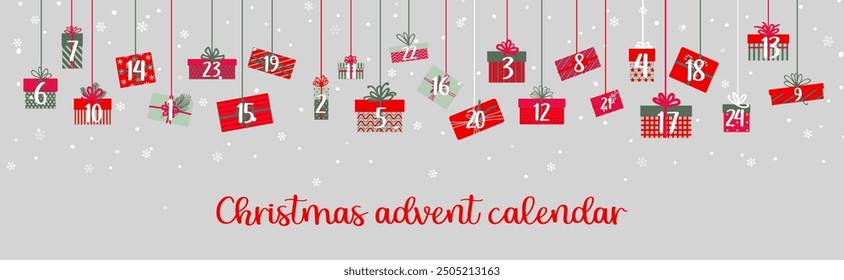 Calendario de Adviento de Navidades con guirnalda de cajas de regalo para vacaciones de invierno, fondo de Vector. Navidades calendario de adviento con días de diciembre y regalos de regalo con cintas en envoltura con adorno de copos de nieve