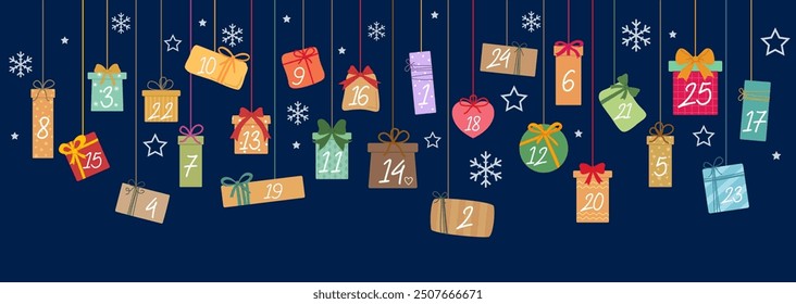 Christmas advent calendar gifts boxes holiday garland. Vector festive countdown tradition, featuring 25 numbered present boxes, building anticipation for Xmas day in a delightful seasonal display