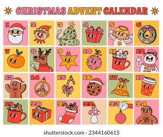 Christmas advent calendar. Groovy countdown numbers frame with xmas groovy characters. December retro posters template with holiday elements. Season noel stickers. Vector concept. Snowman and deer