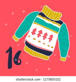Christmas Advent calendar with hand drawn elements. Xmas Poster. Vector illustration