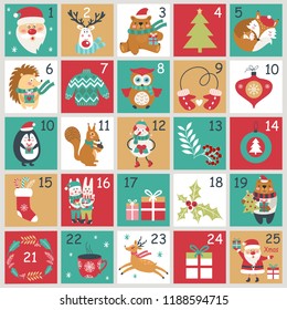 Christmas Advent calendar with hand drawn elements. Xmas Poster. Vector illustration