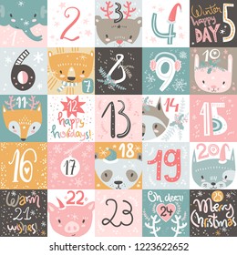 Christmas advent calendar. Hand drawn modern design elements and calligraphy. Cute animals