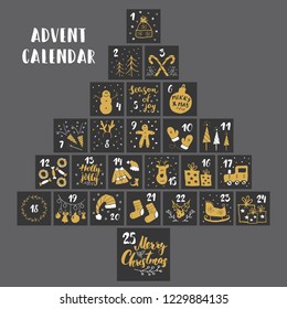 Christmas advent calendar. Hand drawn elements and numbers. Winter holidays calendar cards set design, Vector illustration.