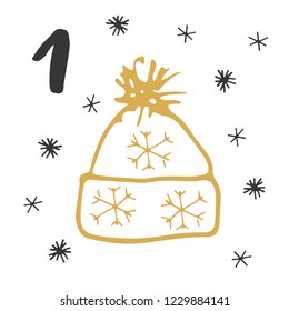 Christmas advent calendar. Hand drawn elements and numbers. Winter holidays calendar card design, Vector illustration.