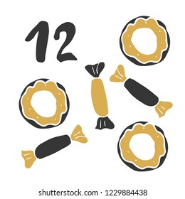 Christmas advent calendar. Hand drawn elements and numbers. Winter holidays calendar card design, Vector illustration.