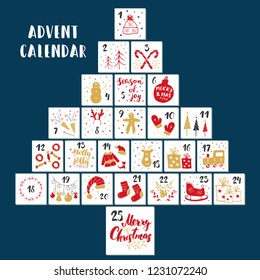 Christmas advent calendar. Hand drawn elements and numbers. Winter holidays calendar cards set design, Vector illustration.