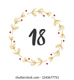 Christmas advent calendar. Hand drawn elements and numbers. Winter holidays calendar card design, Vector illustration.