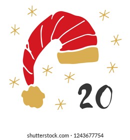 Christmas advent calendar. Hand drawn elements and numbers. Winter holidays calendar card design, Vector illustration.