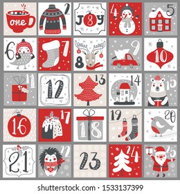 Christmas Advent calendar with hand drawn elements. Xmas Poster. Vector illustration