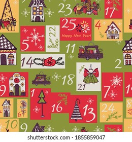 Christmas advent calendar. Hand drawn illustration of houses, gingerbread, toys, gifts, decorated for the holidays. Beautiful New Year's palette. Suitable for wallpaper, textiles, design paper, poster