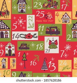 Christmas advent calendar. Hand drawn illustration of houses, gingerbread, toys, gifts, decorated for the holidays. Beautiful New Year's palette. Suitable for wallpaper, textiles, design paper, poster