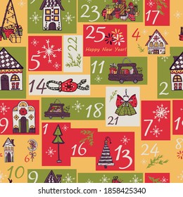 Christmas advent calendar. Hand drawn illustration of houses, gingerbread, toys, gifts, decorated for the holidays. Beautiful New Year's palette. Suitable for wallpaper, textiles, design paper, poster