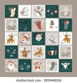 Christmas advent calendar with hand drawn elements - snowman, Santa, reindeer, winter flora. Christmas gift tags. Cute winter illustration for card, poster, kid room decor, and nursery art. 