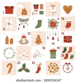 Christmas Advent Calendar with hand drawn decorative design elements - spruce branches, socks, gingerbread cookies, bird, toys, candles, gifts. Festive winter illustration for posters and nursery art